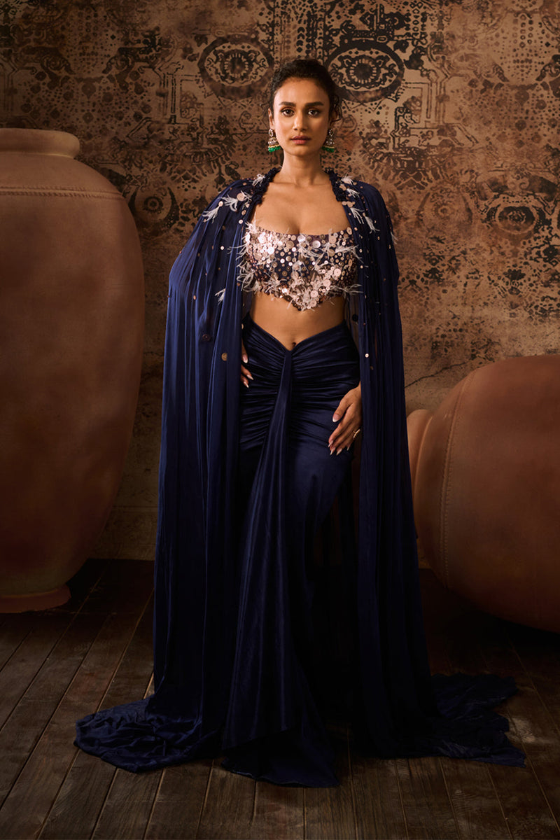 Navy Blue Embroidered Corset With Embroidered Cape With Drape Skirt