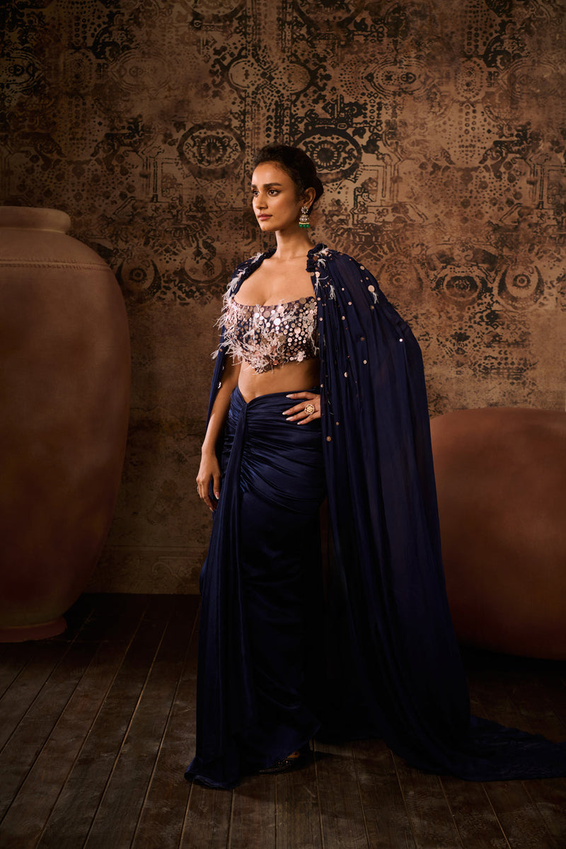 Navy Blue Embroidered Corset With Embroidered Cape With Drape Skirt