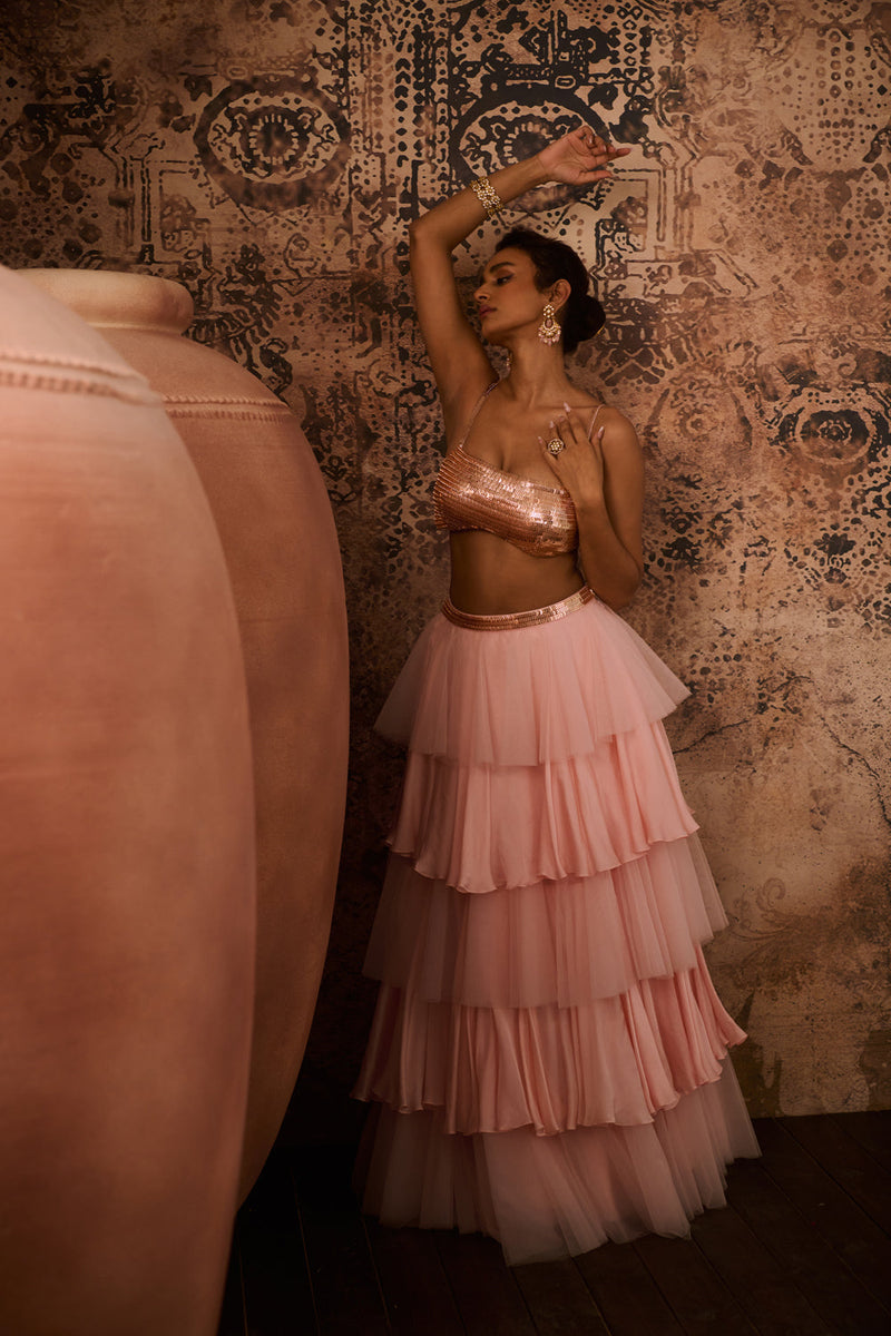 Rose Gold Embroidered Top With Pink Layered Skirt