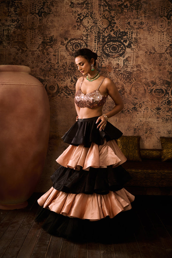 Rose Gold Embroidered Blouse With Black And Rose Gold Layerd Skirt