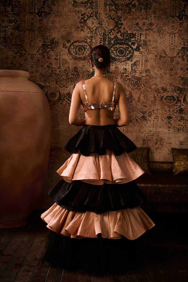 Rose Gold Embroidered Blouse With Black And Rose Gold Layerd Skirt