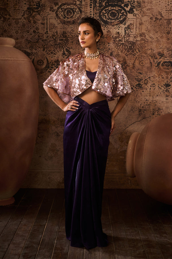 Lilac Embroidered Cape With Purple Skirt And Bustier