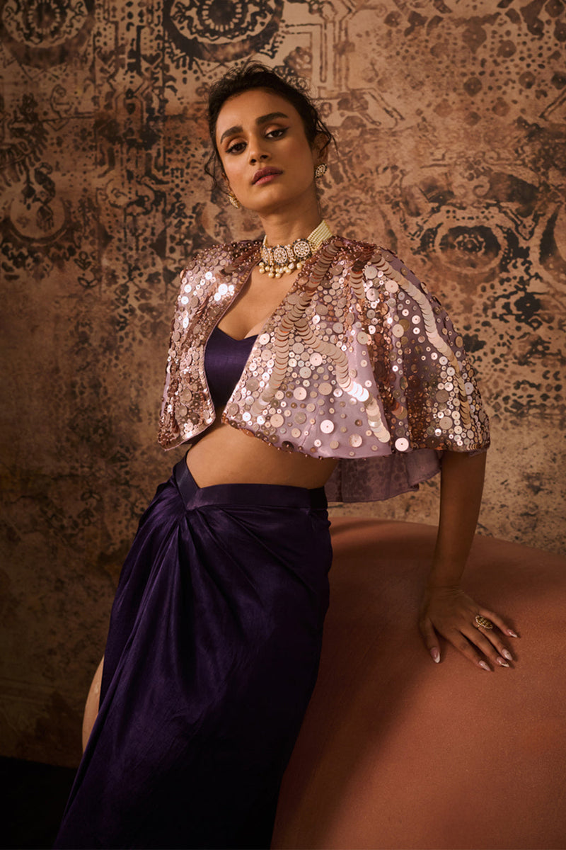 Lilac Embroidered Cape With Purple Skirt And Bustier