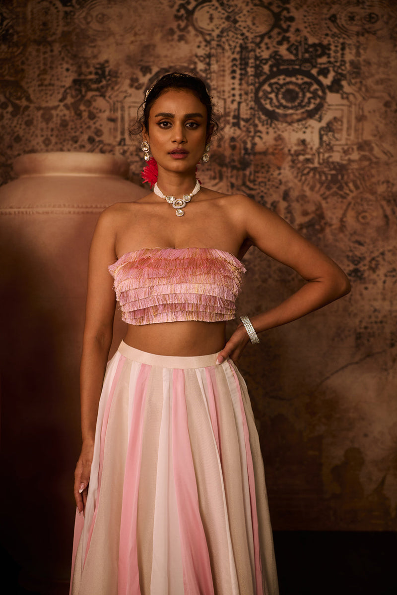 Pink Embroidered Top With Multiple Coloured Skirt