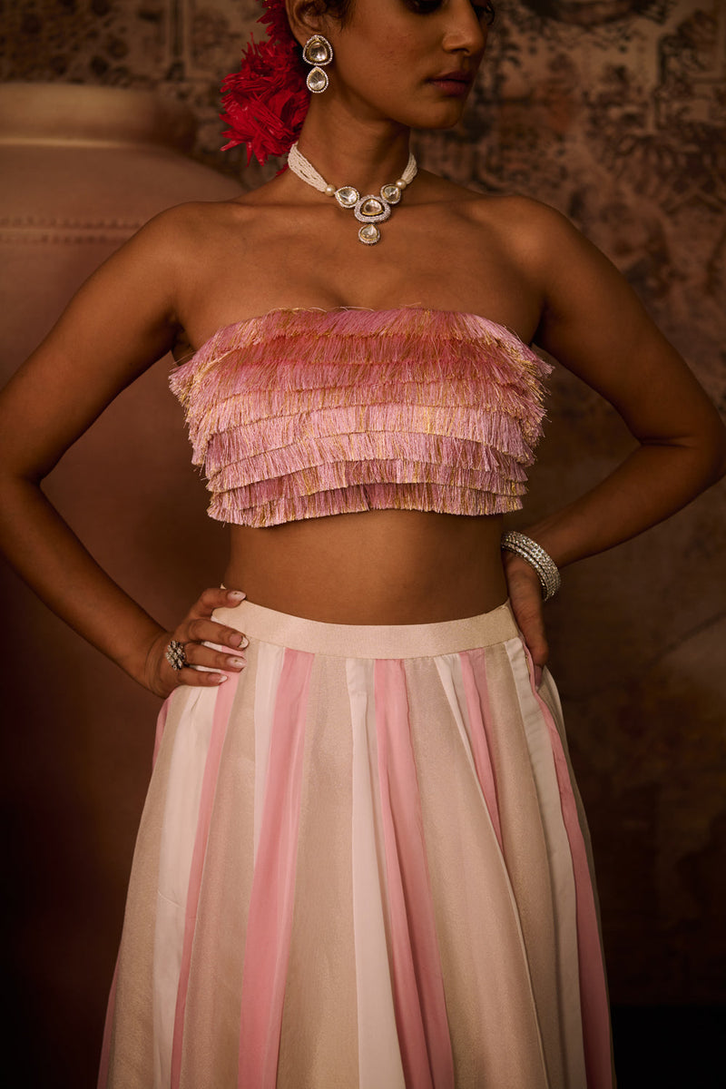 Pink Embroidered Top With Multiple Coloured Skirt