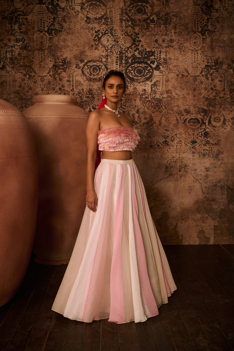 Pink Embroidered Top With Multiple Coloured Skirt