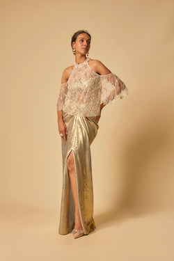 Gold Metallic Drape Skirt Set With Embroidered Cape