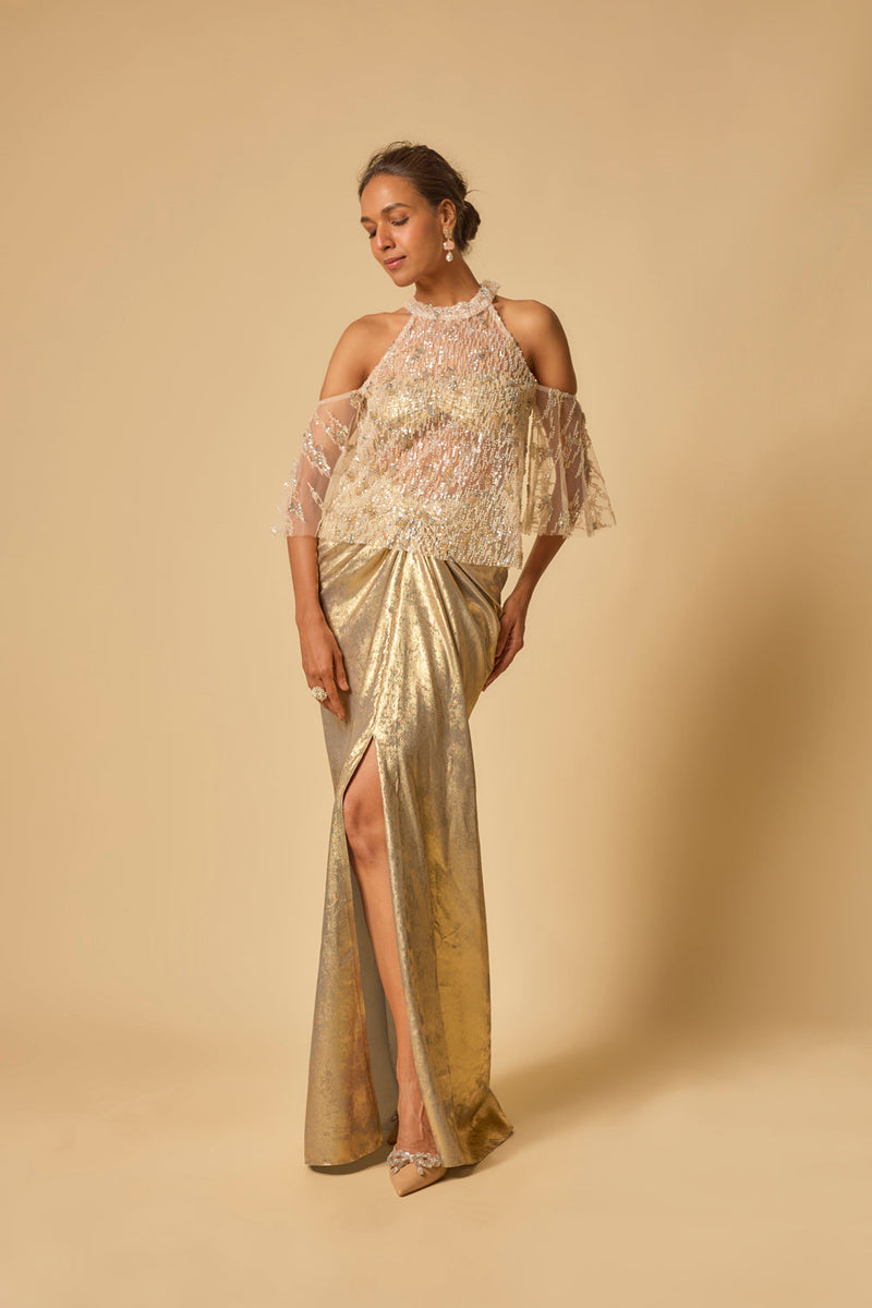 Gold Metallic Drape Skirt Set With Embroidered Cape