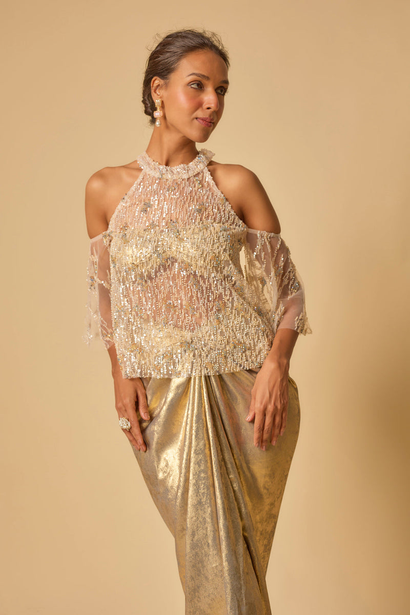 Gold Metallic Drape Skirt Set With Embroidered Cape