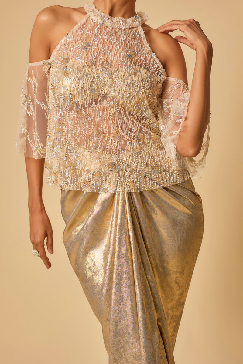 Gold Metallic Drape Skirt Set With Embroidered Cape