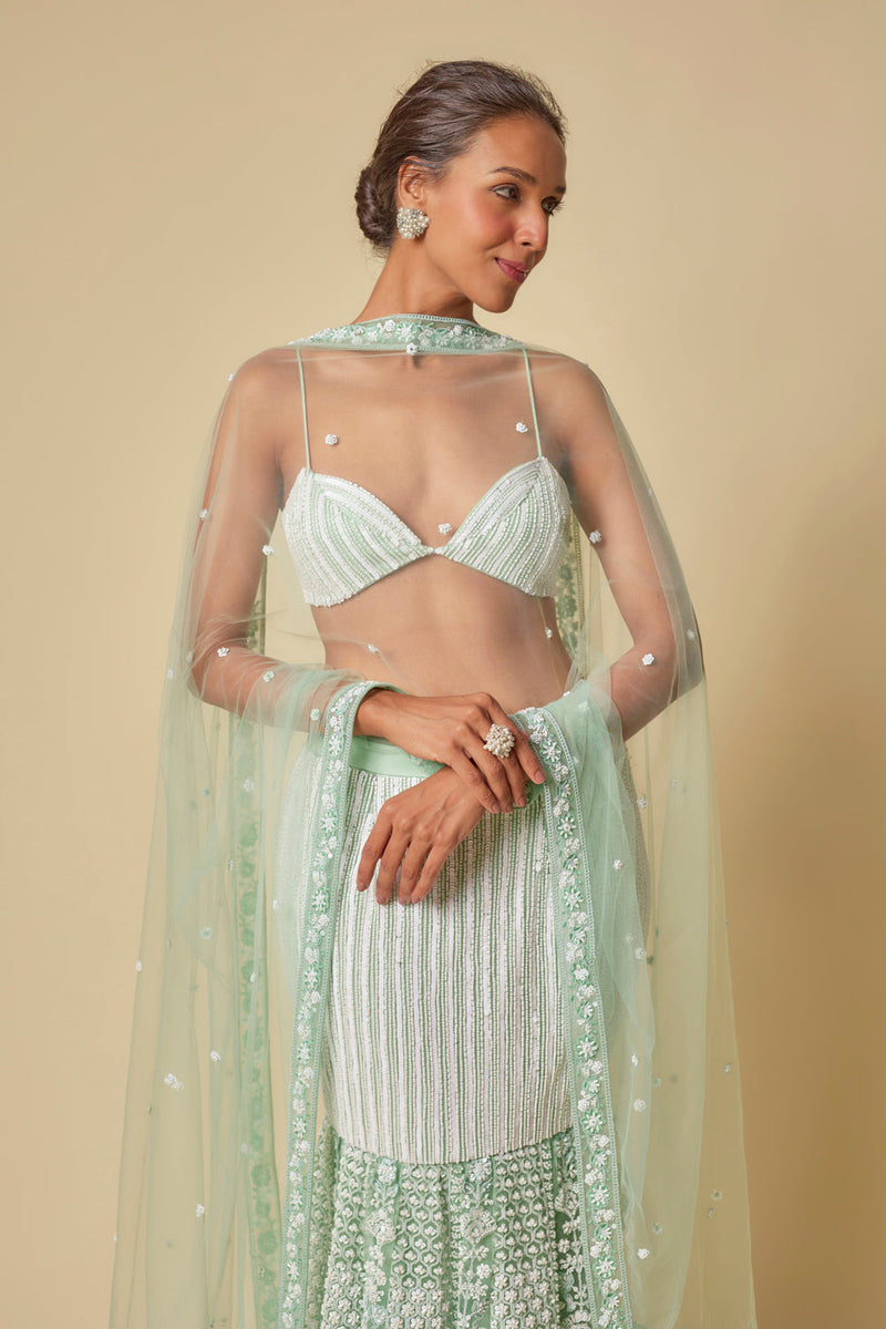 Mint Embroidered Mermaid Skirt With Dupatta And Blouse