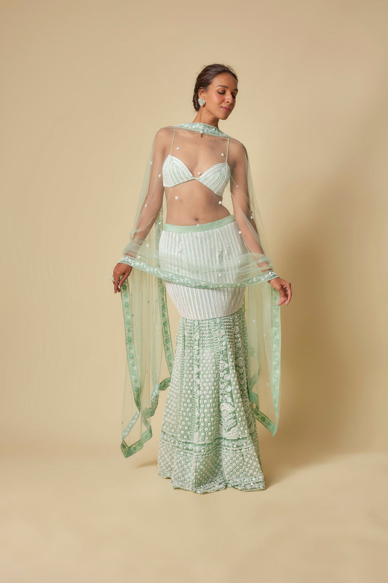 Mint Embroidered Mermaid Skirt With Dupatta And Blouse