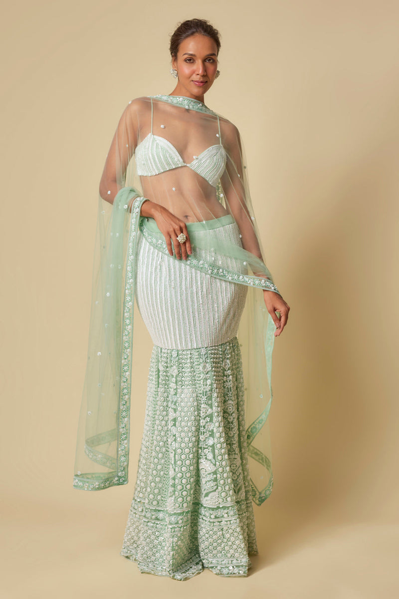 Mint Embroidered Mermaid Skirt With Dupatta And Blouse