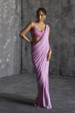 Draped Saree With Embelishhed Overlap Blouse