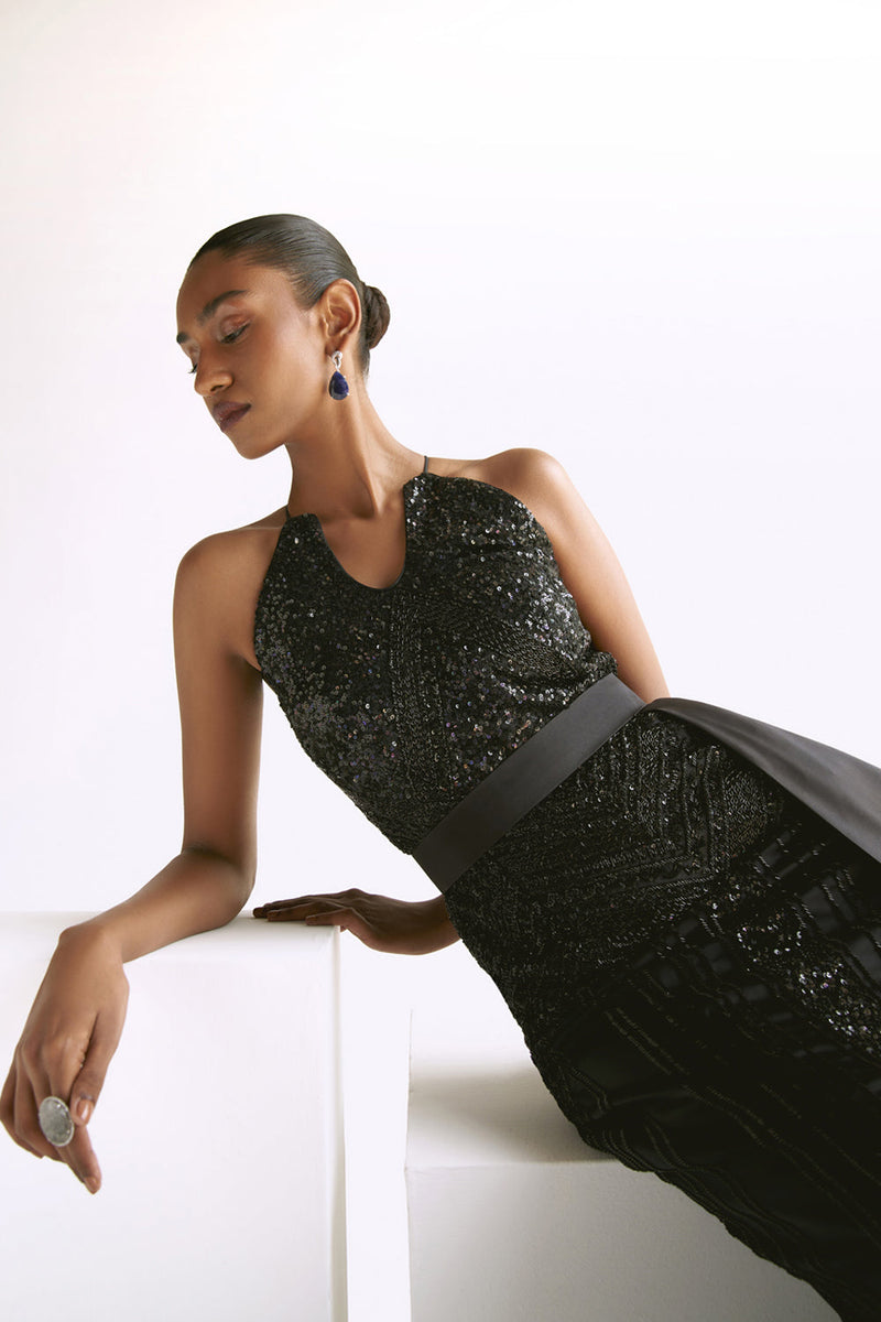 Black Embellished Trumpet Gown