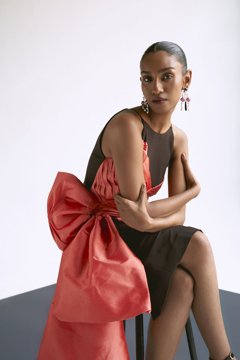 Fitted Draped Dress With Bow Detail