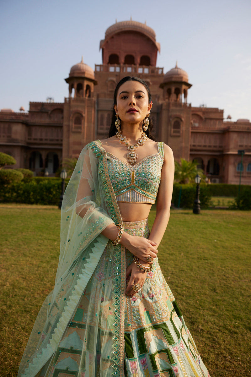 "Morni" Pastel Green Hand Embroidered Peacock Motifs Lehenga Set