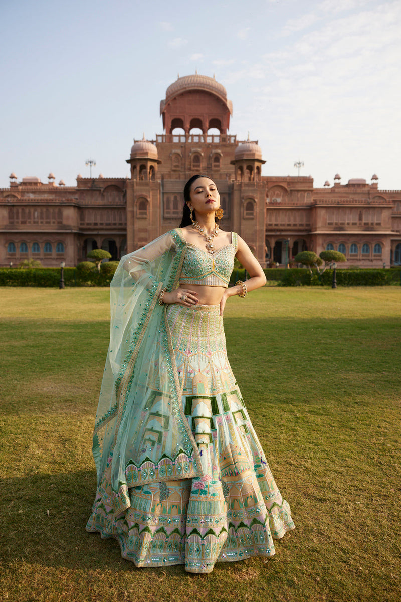 "Morni" Pastel Green Hand Embroidered Peacock Motifs Lehenga Set