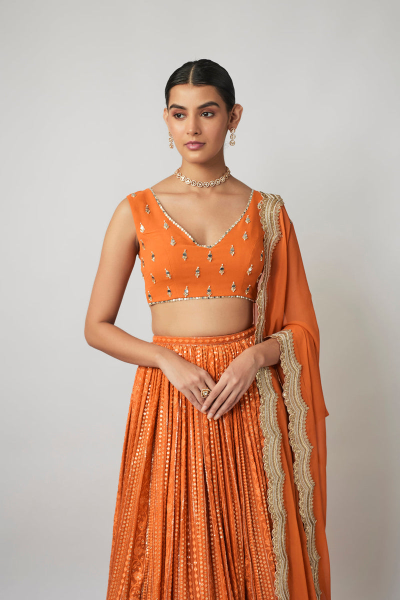 Saffron Orange Sequin And Thread Embroidered Georgette Lehenga Set