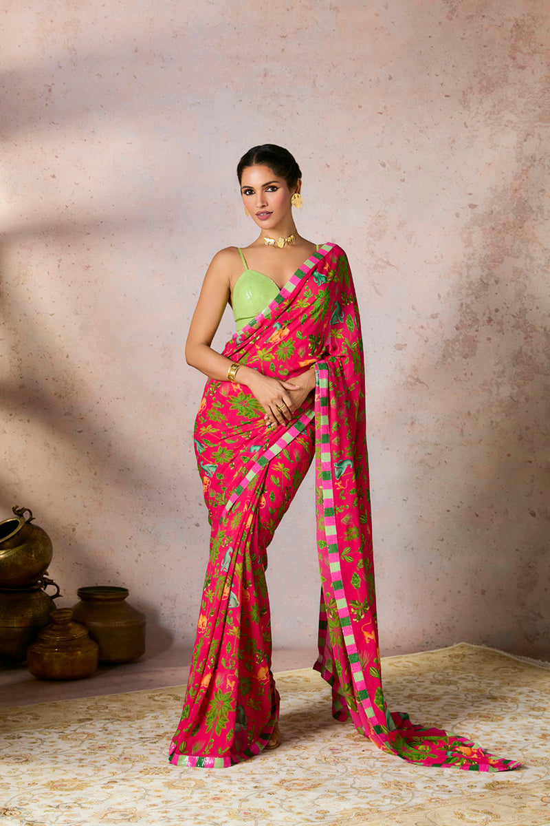 Pink Tropical Rhapsody Saree