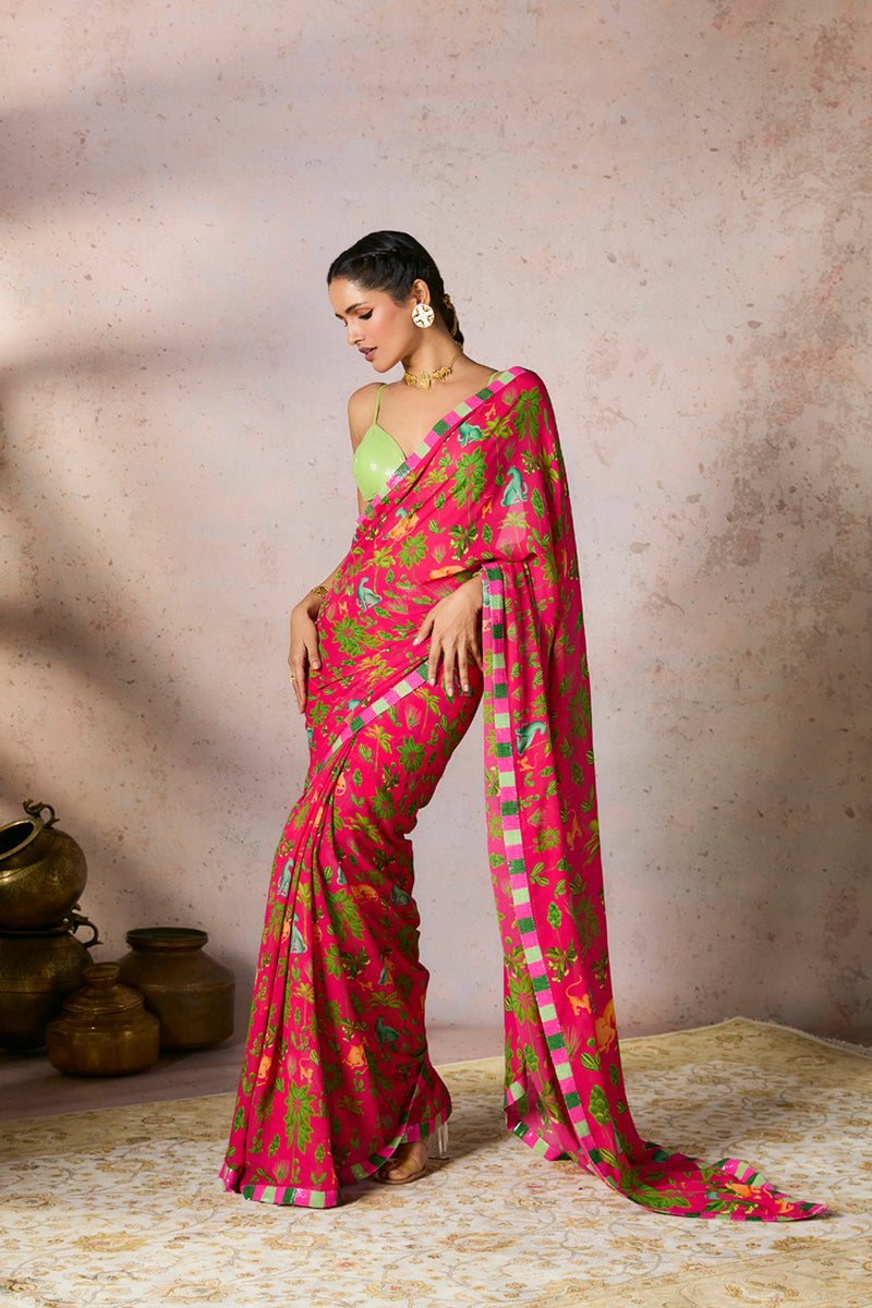 Pink Tropical Rhapsody Saree