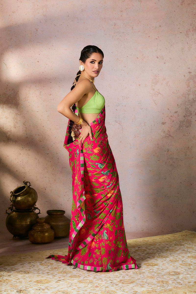 Pink Tropical Rhapsody Saree