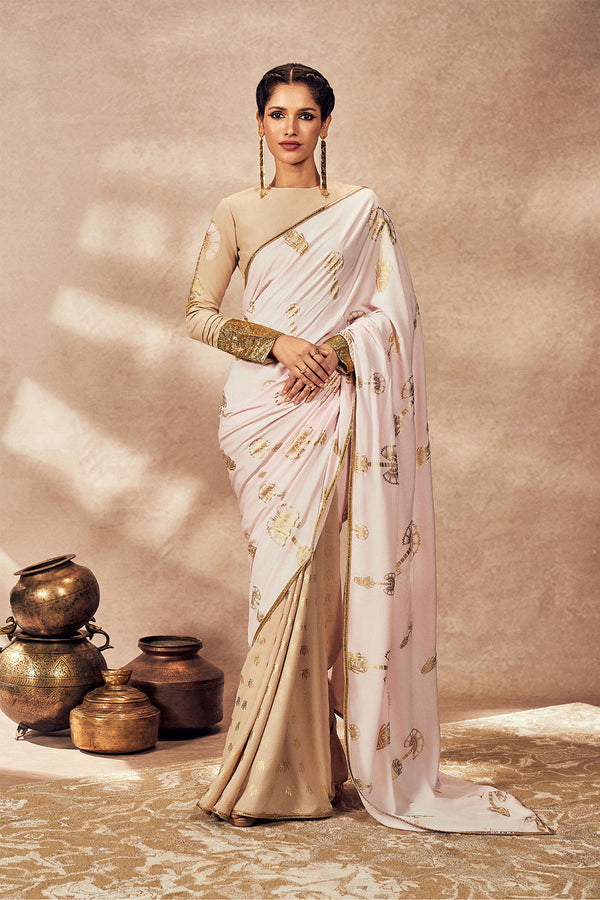 Beige And Pink Traveler'S Palm Saree