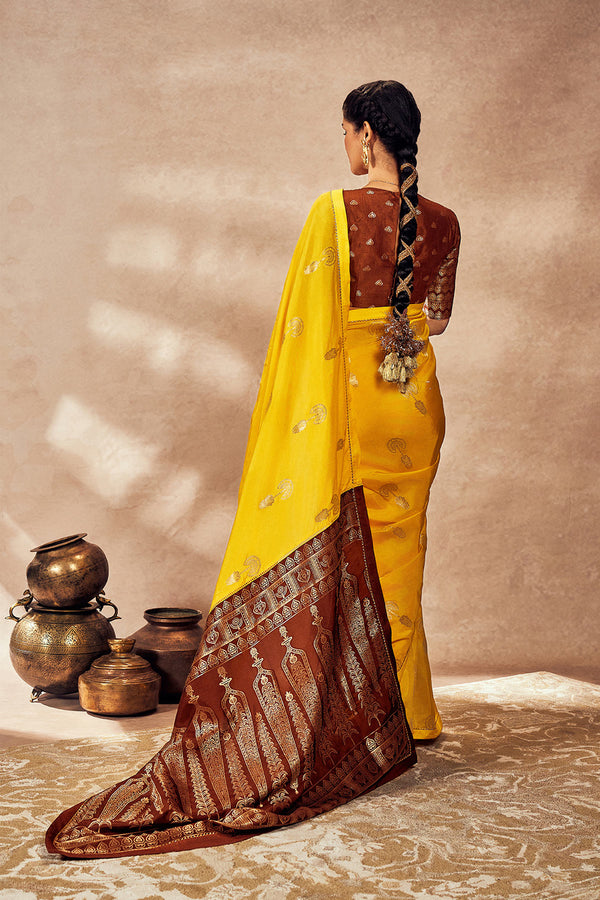 Brown And Yellow Jacquard Saree