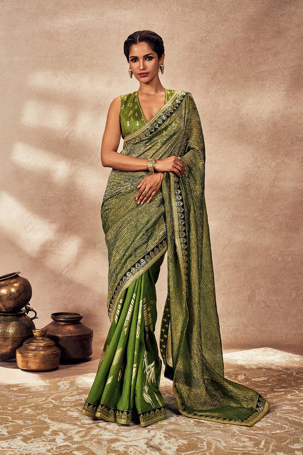 Green Palm Blooms Tissue Saree