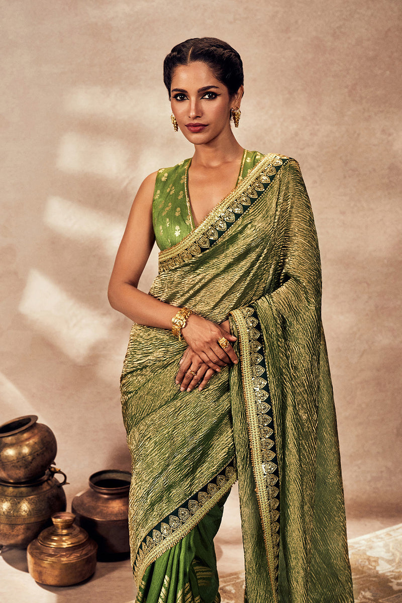 Green Palm Blooms Tissue Saree