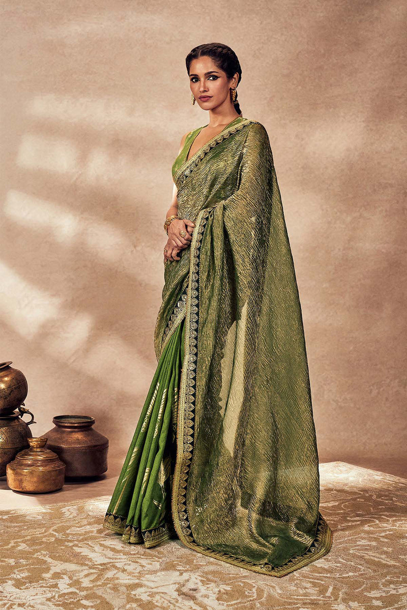 Green Palm Blooms Tissue Saree