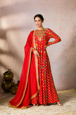 Red Tropical Rhapsody Anarkali Set