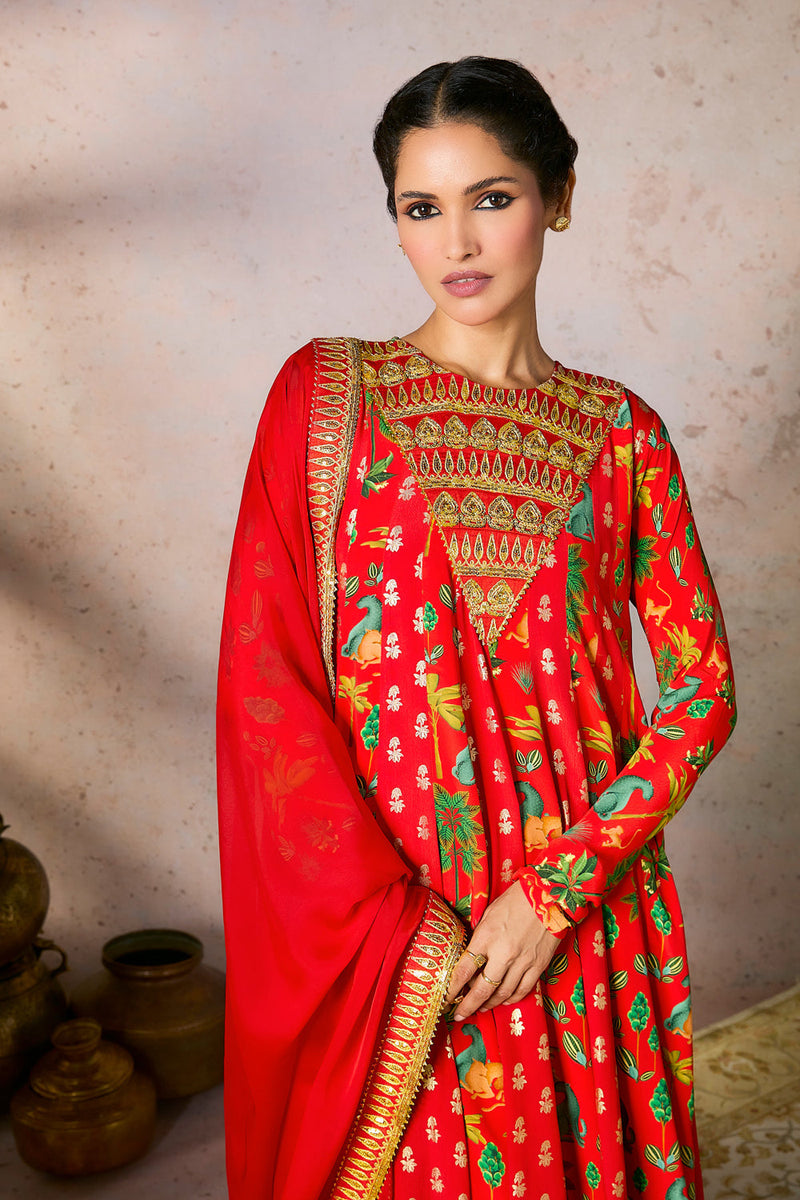 Red Tropical Rhapsody Anarkali Set