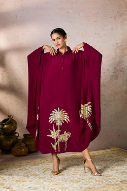 Cranberry Palm Foil Print Kaftan