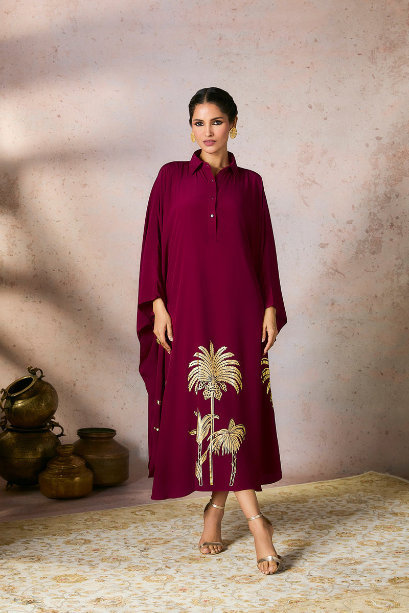 Cranberry Palm Foil Print Kaftan