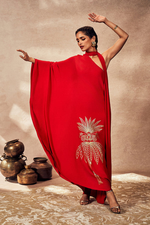 Red Tropical One Shoulder Kaftan