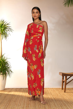 Red Tangy Tango One Shoulder Kaftan Dress