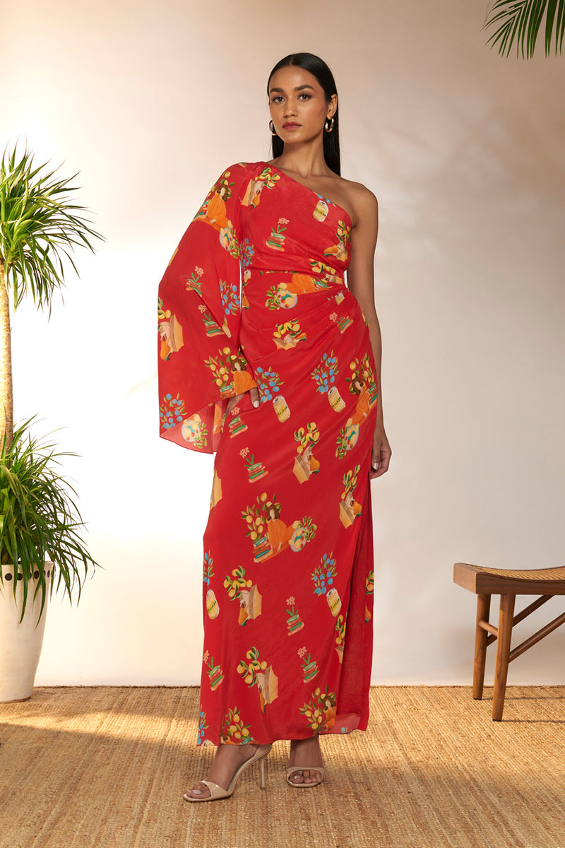 Red Tangy Tango One Shoulder Kaftan Dress