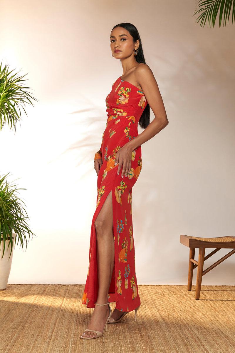 Red Tangy Tango One Shoulder Kaftan Dress