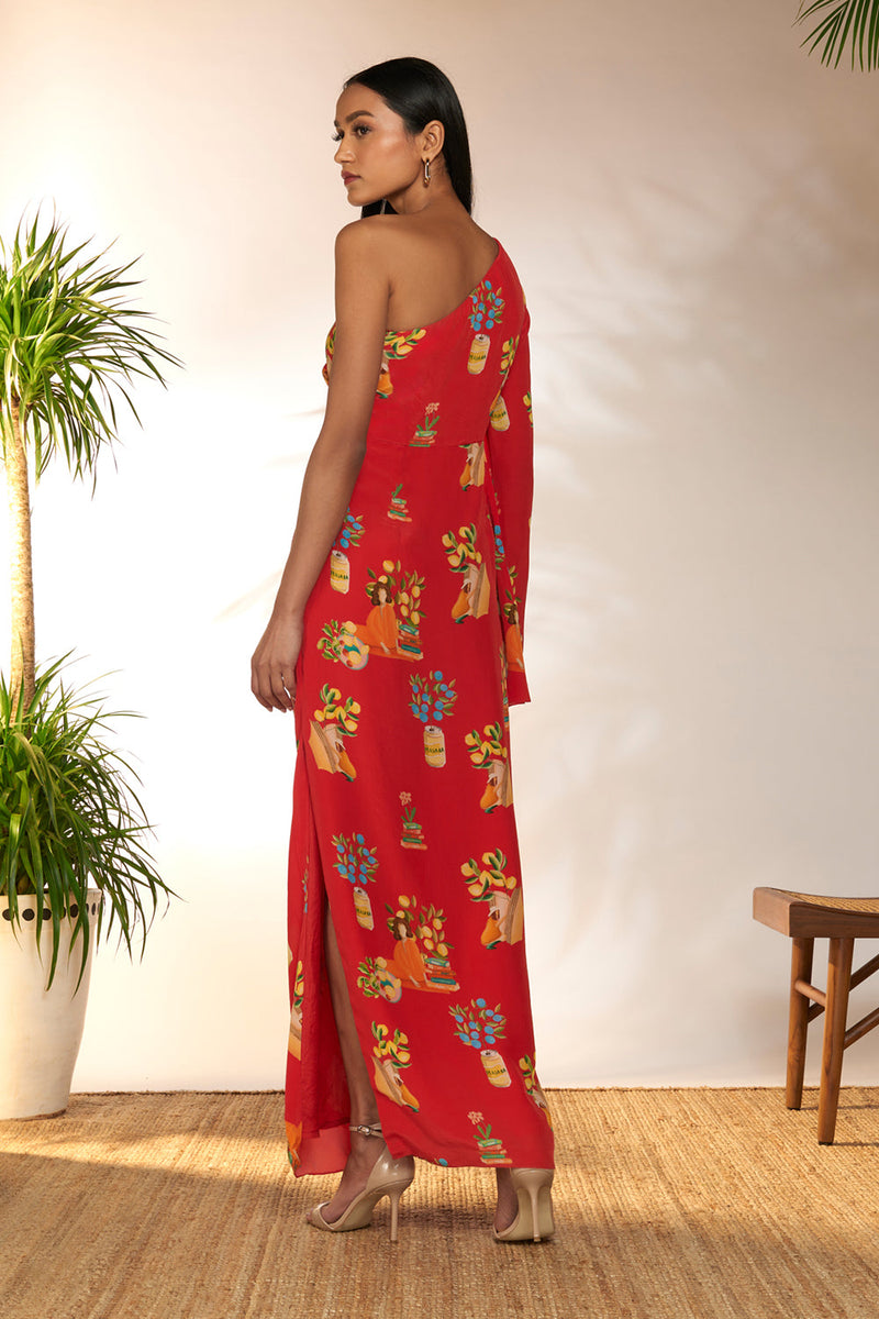 Red Tangy Tango One Shoulder Kaftan Dress