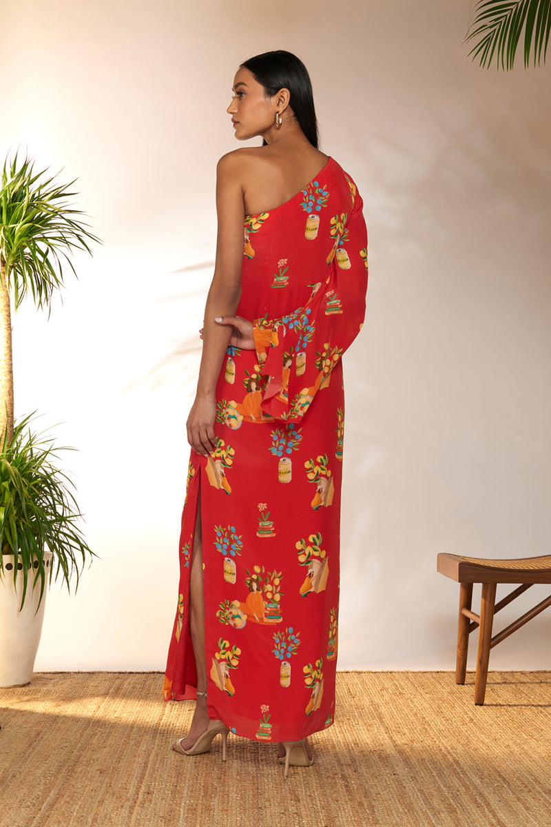 Red Tangy Tango One Shoulder Kaftan Dress