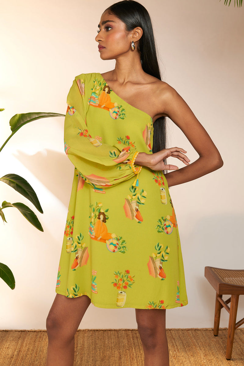 Lime Tangy Tango One Shoulder Mini Dress