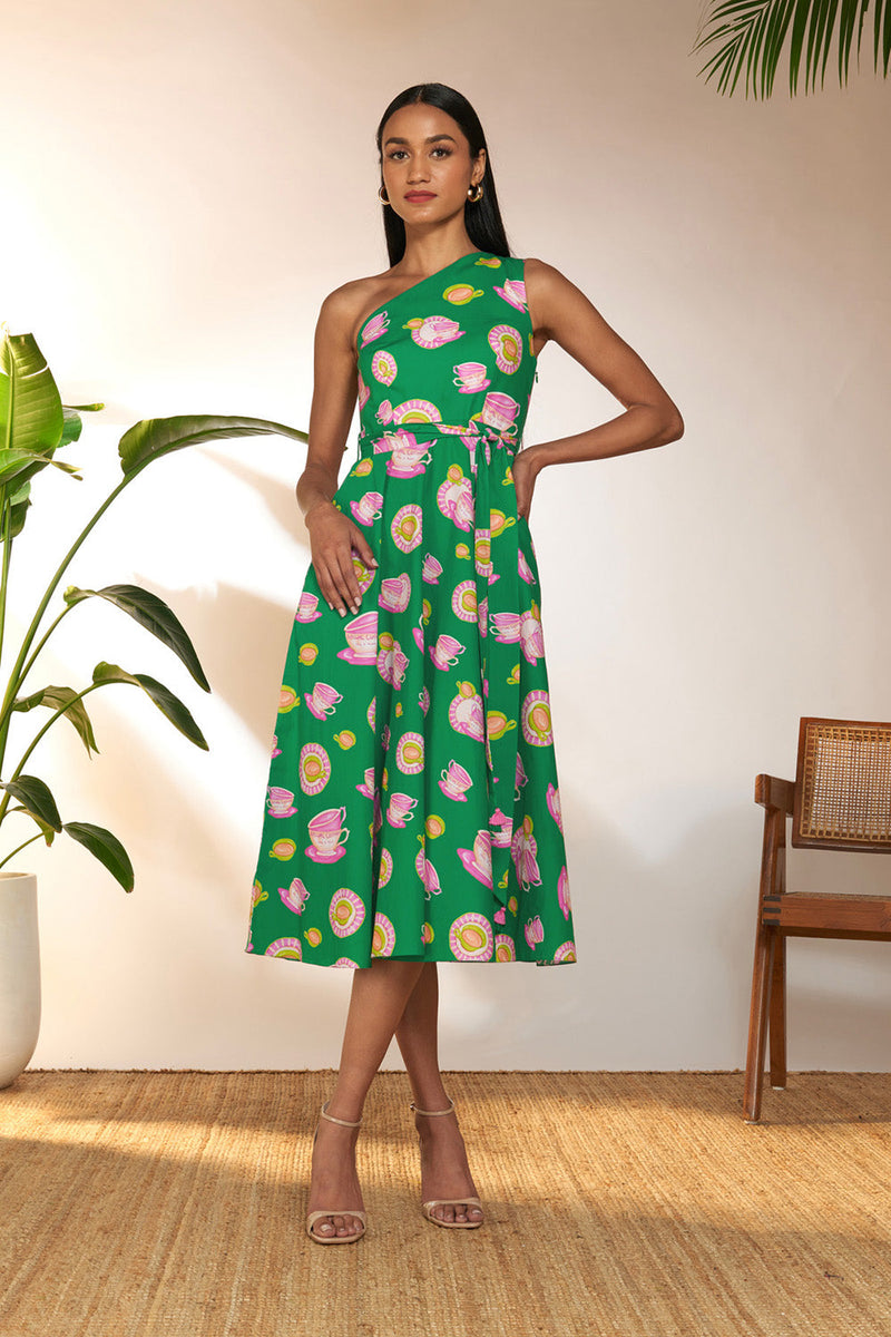 Green & Pink Special Cutting One Shoulder Dress