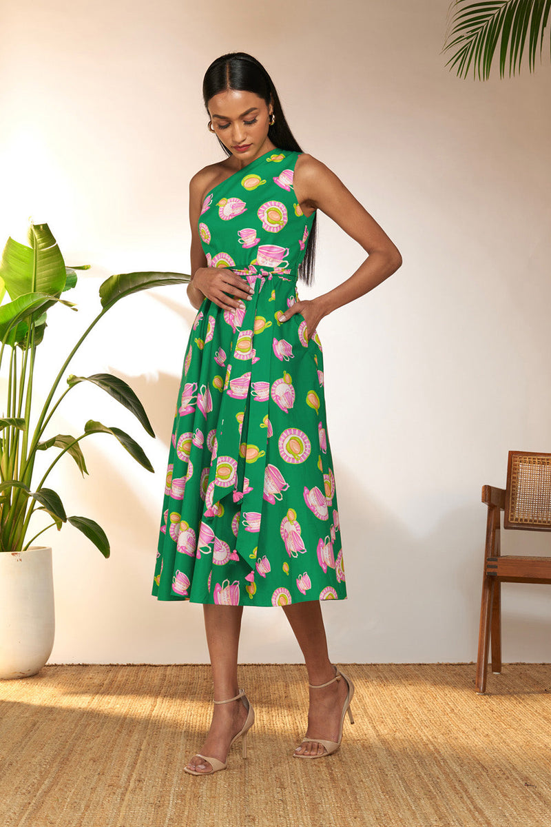 Green & Pink Special Cutting One Shoulder Dress