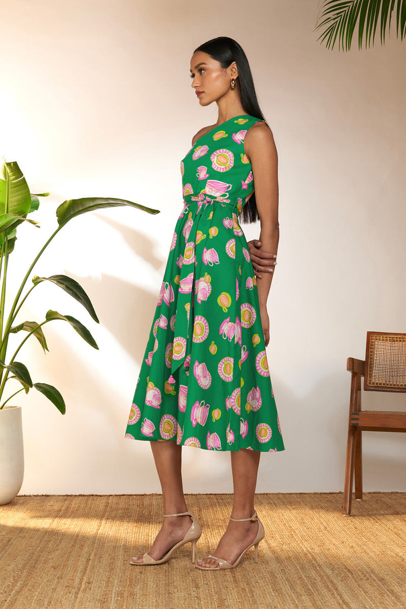 Green & Pink Special Cutting One Shoulder Dress