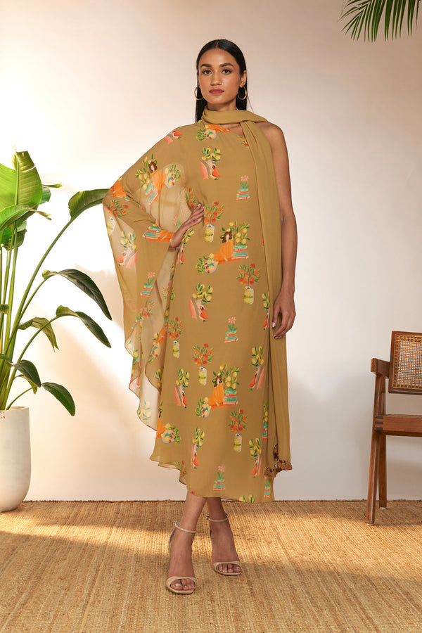 Tan Tangy Tango One Shoulder Kaftan