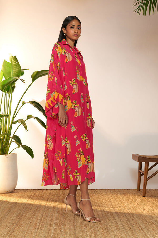 Hot Pink Tangy Tango Collar Kaftan