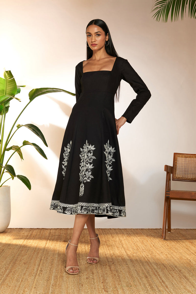 Black Embroidered Panel Dress