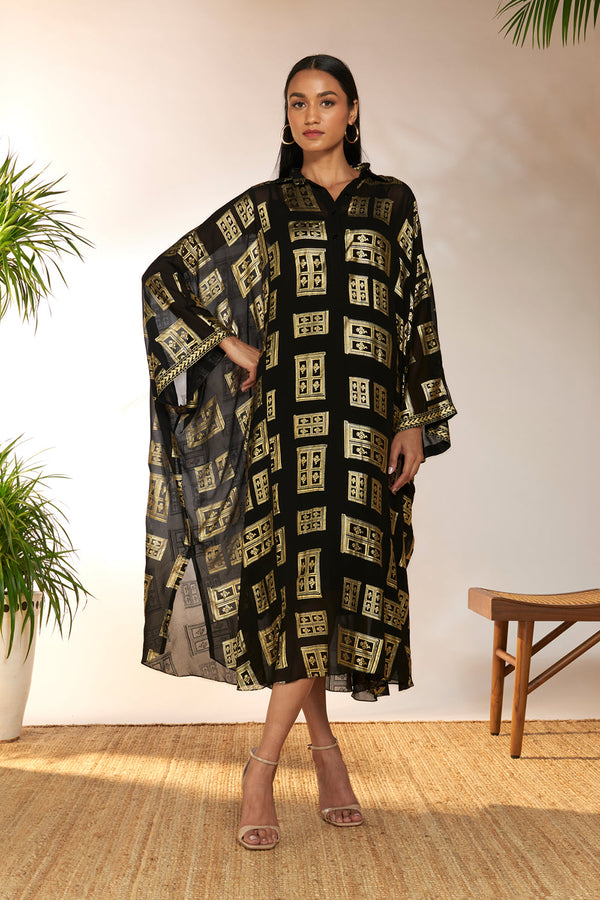 Black Open Doors Foil Collar Kaftan