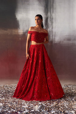 Red Net Lehenga Set